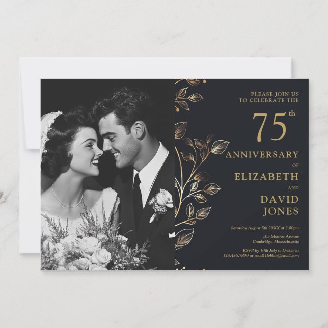 Invitation Photo du 75e anniversaire du Mariage Black And Gol (Devant)