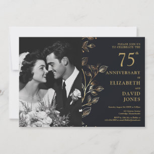 Invitation Photo du 75e anniversaire du Mariage Black And Gol