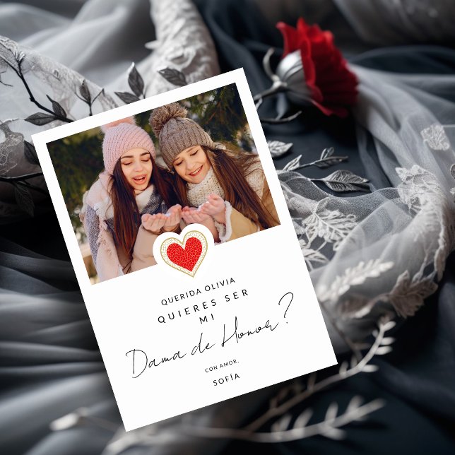 Invitation Photo du Coeur Rouge espagnol Dama de Honor Quince (Spanish Fancy Cute Photo Dama de Honor Quinceañera Red Heart Proposal Card. )