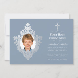 Invitation Photo du garçon de la première communion Dusty Blu