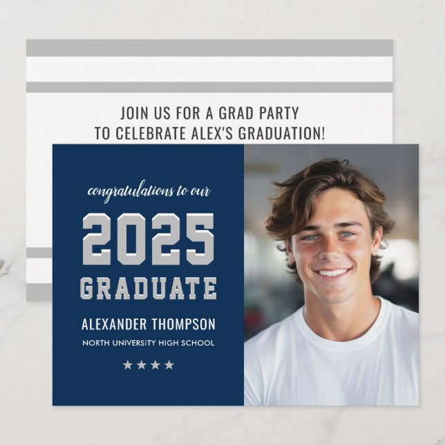 Invitation Photo du Graduate Navy Grey Graduation Party 2023 (Devant / Derrière)