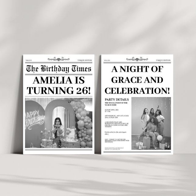 Invitation Photo du journal du 26e anniversaire en noir et bl (Créateur téléchargé)