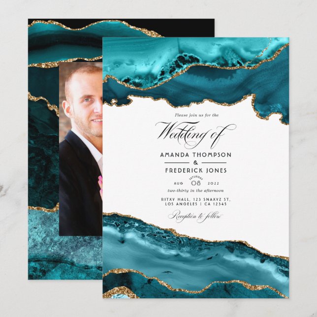 Invitation Photo du Mariage d'âge turquoise et or (Devant / Derrière)