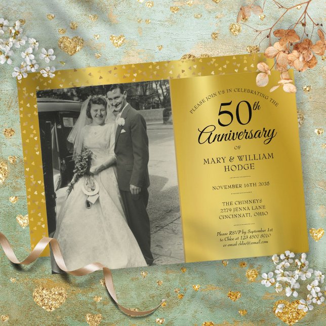Invitation Photo du Mariage du 50e anniversaire Gold Foil (50th Anniversary Gold Foil Wedding Photo Invitation)