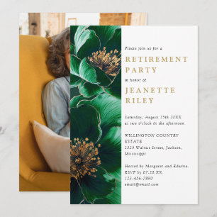 Invitation Photo du Parti de retraite Floral Vert Et Or