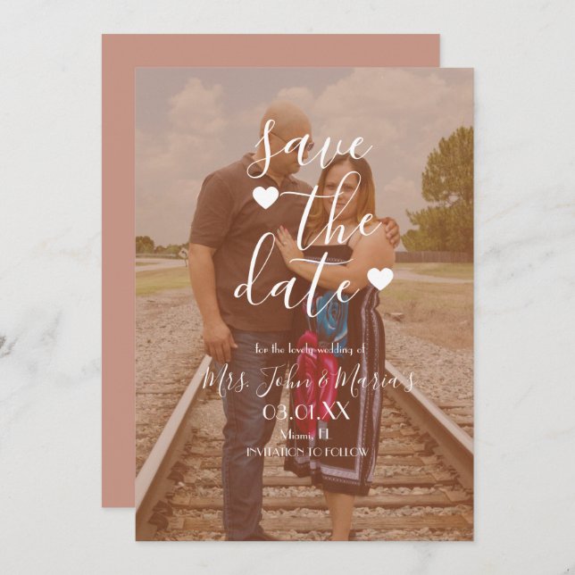 Invitation Photo du script du coeur blanc Enregistrer la date (Devant / Derrière)