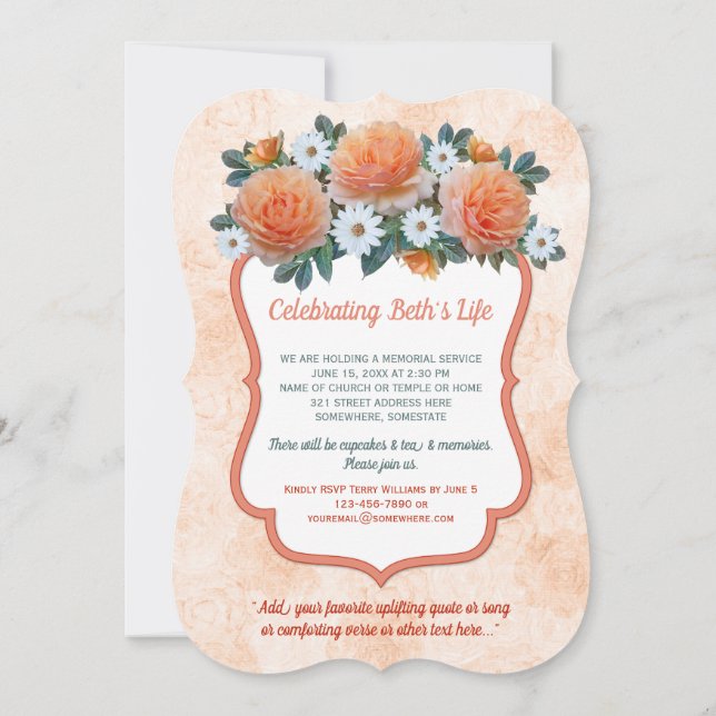 Invitation Photo du service Memorial Apricot Roses White Dais (Dos)