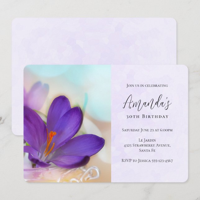 Invitation Photo d'un anniversaire de jolie crocus de printem (Devant / Derrière)