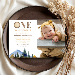 Invitation Photo d'un joyeux Camper Boy 1st Birthday Forest
