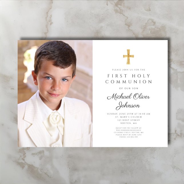 Invitation Photo d'une croix religieuse élégante pour garçon  (Elegant Religious Cross Photo Boy First Communion Invitation)