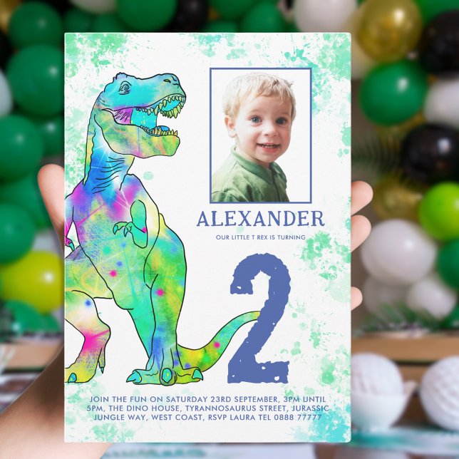 Invitation Photo d'une fête d'anniversaire sur le thème des d (Dinosaur T-Rex photo template boys fun birthday party green and blue )