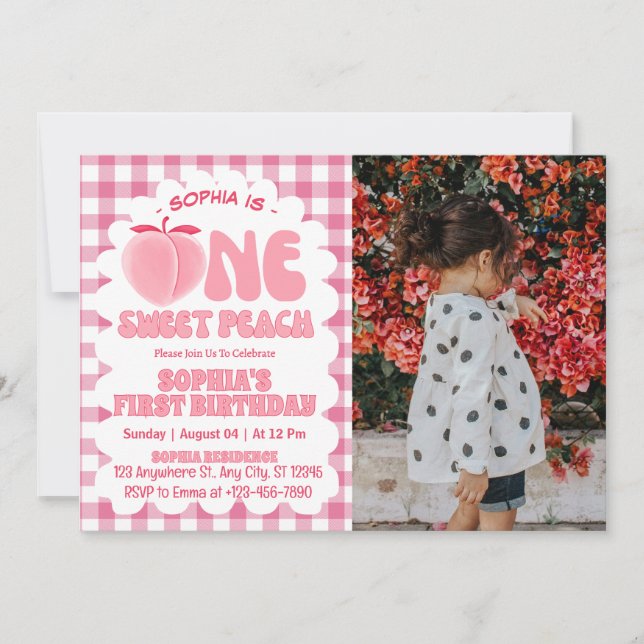 Invitation Photo d'une fille de pêche douce 1er anniversaire (Devant)