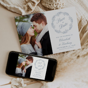 Invitation Photo Dusty Blue Botanical Wreath Enregistrer la d