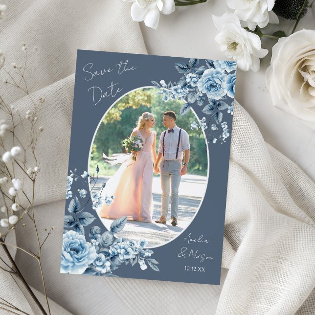 Invitation Photo Dusty Blue Script Floral Save the Date Card (Photo Dusty Blue Script Floral Save the Date Card Front)