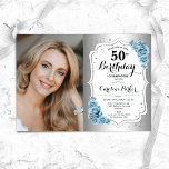 Invitation Photo Dusty Blue Silver 50e anniversaire<br><div class="desc">Elégante invitation au 50e anniversaire fleurie féminine avec votre photo. Design de glam avec faux argent. Comprend des roses bleu pâle, des caractères de script et des confettis. Parfait pour une fête anniversaire adulte élégante. Personnalisez avec vos propres détails. Peut être customisé pour n'importe quel âge ! Invitations Zazzle imprimées...</div>
