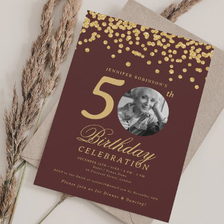 Invitation Photo élégant 50e Anniversaire Confettis dorés Bou
