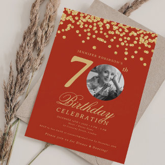 Invitation Photo élégant 70e anniversaire confettis or rouge