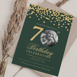 Invitation Photo élégant 70e anniversaire confettis verts or
