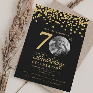 Invitation Photo élégant 70e anniversaire or noir confettis
