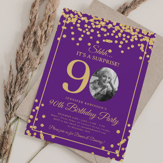 Invitation Photo élégant 90e anniversaire or confettis violet