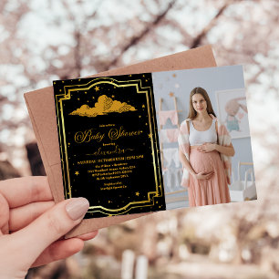 Invitation Photo Elégant Baby shower céleste d'or noir