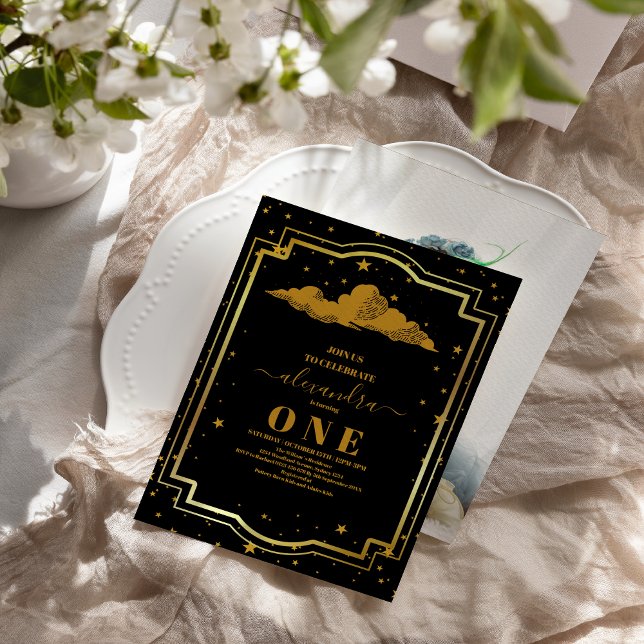 Invitation Photo Elegant Black Gold Celestial 1er anniversair (Créateur téléchargé)