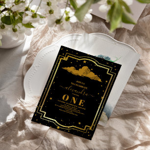 Invitation Photo Elegant Black Gold Celestial 1er anniversair
