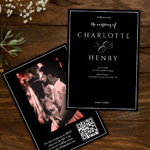 Invitation Photo Elegant Black QR Code et Mariage RSVP