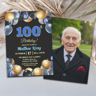 Invitation Photo élégant Bleu Argent Or 100e Anniversaire