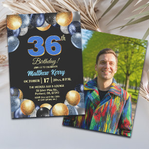 Invitation Photo élégant bleu argent or 36e anniversaire