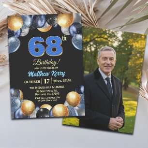 Invitation Photo élégant bleu argent or 68e anniversaire