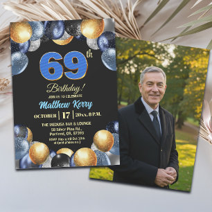 Invitation Photo élégant bleu argent or 69e anniversaire