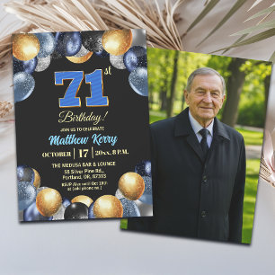 Invitation Photo élégant bleu argent or 71e anniversaire