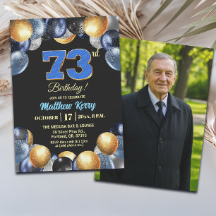 Invitation Photo élégant bleu argent or 73e anniversaire