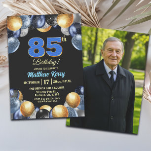 Invitation Photo élégant bleu argent or 85e anniversaire 