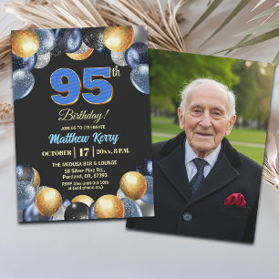 Invitation Photo élégant bleu argent or 95e anniversaire