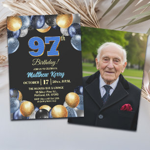 Invitation Photo élégant bleu argent or 97e anniversaire