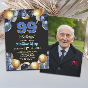Invitation Photo élégant bleu argent or 99e anniversaire