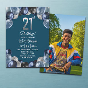Invitation Photo élégant bleu argent paillettes 21e anniversa