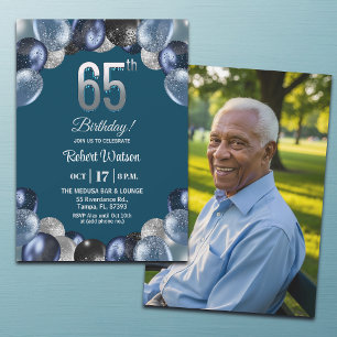 Invitation Photo élégant bleu argent paillettes 65e anniversa