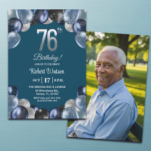Invitation Photo élégant bleu argent paillettes 76e anniversa