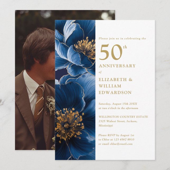 Invitation Photo élégant bleu or floral 50e anniversaire (Devant / Derrière)