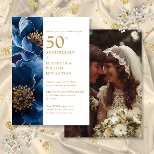 Invitation Photo élégant bleu or floral 50e anniversaire