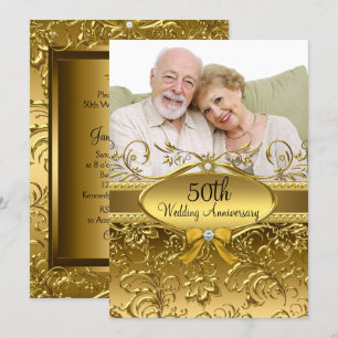 Invitation Photo élégant damas or 50e anniversaire