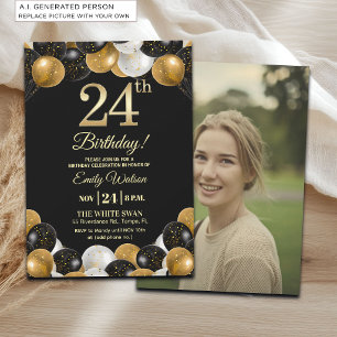 Invitation Photo élégant d'anniversaire 24 ans avec paillette