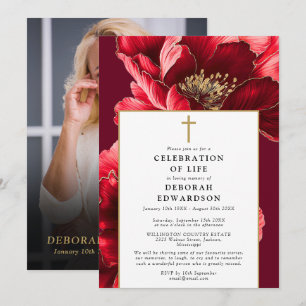 Invitation Photo élégant de célébration de vie rouge chrétien