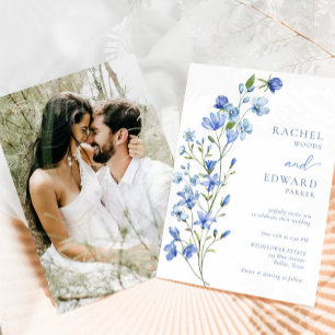 Invitation Photo Elegant Dusty Blue Floral Mariage