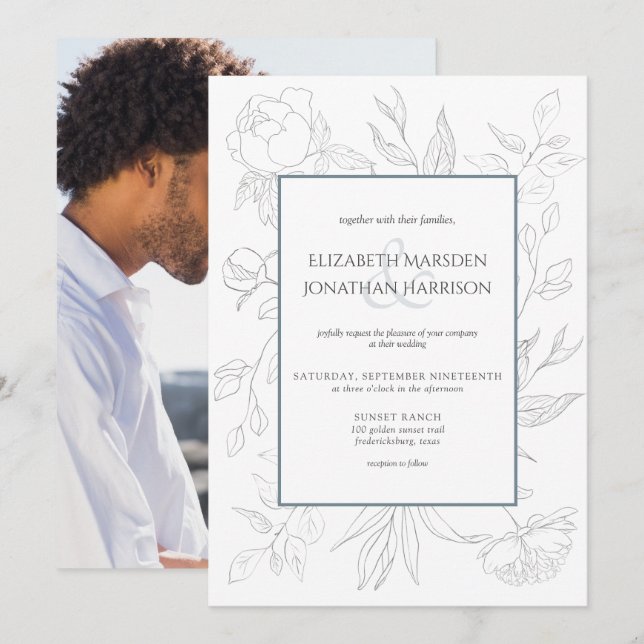 Invitation Photo Elegant Dusty Blue Line Dessin Floral (Devant / Derrière)