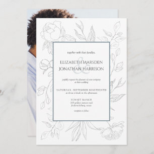 Invitation Photo Elegant Dusty Blue Line Dessin Floral