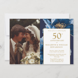 Invitation Photo élégant floral bleu pour le 50e anniversaire